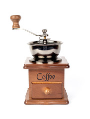 Manual coffee grinder on a white background.