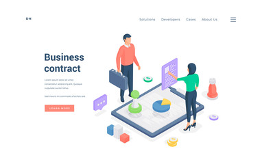 Business people developing contract together isometric vector illustration