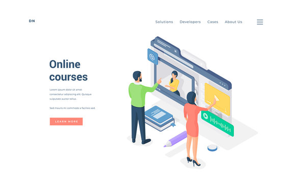 People browsing online courses in Internet isometric vector illustration