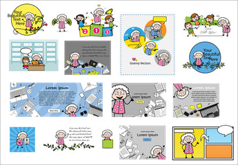 Collection of Concepts with Old Granny - Different Retro Vector illustrations