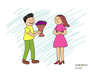 Young offended girl refuses from flowers from her boyfriend after quarrel, conflict, argument. Boy giving flowers to a girl. Cartoon hand drawn relationship sketch