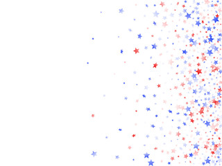 Flying red blue white star sparkles on white vector american patriotic background.
