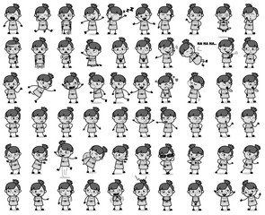 Retro Grey Comic Teen Girl Poses - Set of Concepts Vector illustrations