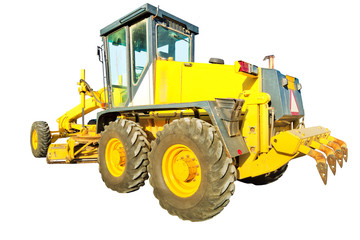 Yellow bulldozer on wheels laying asphalt concrete. Building work on a road. Work in progress, industrial machine. Isolated on white background with copy space.