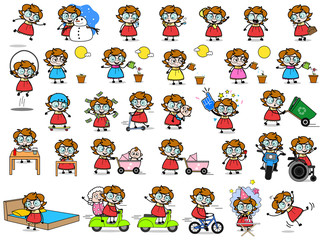 Comic Intelligent Girl Character - Set of Concepts Vector illustrations