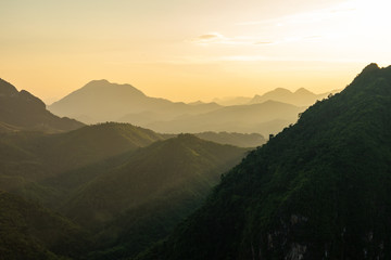 View of sunset in Nong Khiaw. North Laos. Southeast Asia.