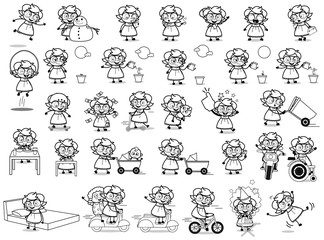 Retro Drawing of Intelligent Girl Character - Set of Concepts Vector illustrations