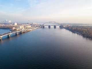 Aerial drone view. Bridges across the Dnieper in Kiev on a sunny morning.
