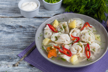 Soup with dumplings garnished with onions and peppers. In the background are greens, red peppers and bay leaves. On a light wooden background.