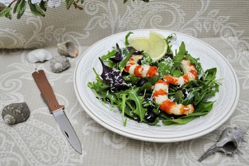 Salad fresh organic natural product longevity gourmet diet seafood knife stainless steel blade copper handle and sheath gray background