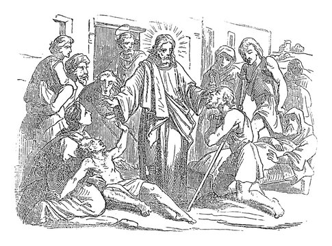 Vintage drawing or engraving of biblical story of Jesus healing sick people in front of the synagogue at Capernaum.Bible, New Testament,Luke 4. Biblische Geschichte , Germany 1859
