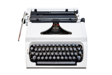 Classic, manual typewriter in white with a German keyboard layout, isolated on a white background with a clipping path.