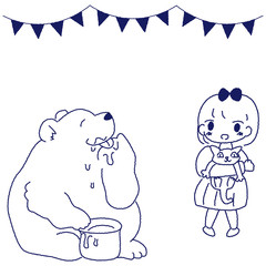 はちみつを食べるくま　女の子　猫　イラストセット
