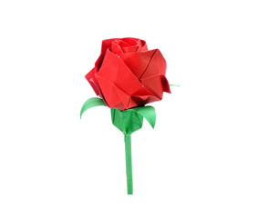 Origami red rose Isolated on white background. DIY (Do It Yourself) ideas for Valentine’s gift