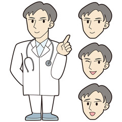 医師　指を差す　キャラクター　全身　表情３パターンセット