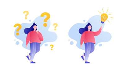 Woman is thinking and finds successful solution. Search for new ideas. Woman with bulb light idea. Brainstorming concept. Vector illustration. 