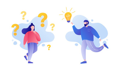 Brainstorm concept. Question and bulb icon. Woman is thinking. Man finds successful solution. Problem solving. Vector illustration in a flat style.
