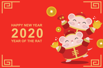 Happy Chinese New Year 2020 Year of The Rat Banner Design.Little cute rat in red costume cartoon vector