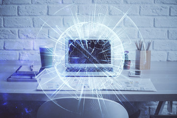 Multi exposure of business theme icons and work space with computer background. Concept of success.