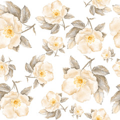 Floral seamless pattern with rose hips flowers and leaves. Hand drawn background. Spring flower pattern for wallpaper or fabric. 