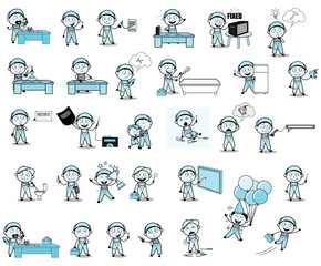 Vintage Cartoon Repairman Character - Set of Concepts Vector illustrations