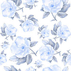 Floral seamless pattern with rose hips flowers and leaves. Hand drawn background. Spring flower pattern for wallpaper or fabric. 