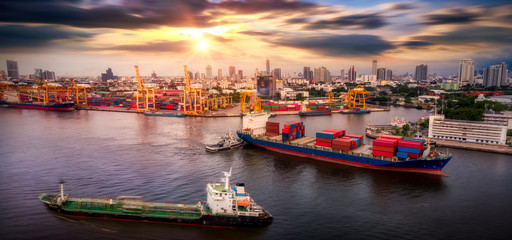 Aerial view of cargo ship, cargo container in warehouse harbor at thailand, container ship in...