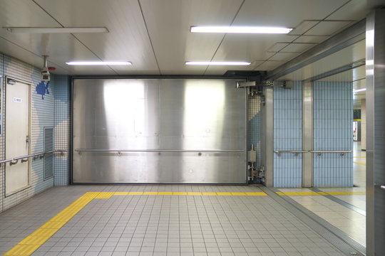 Aichi,Japan-January 14, 2020: Watertight door or waterproof door to block sea water flowing into the subway station in Nagoya, Japan