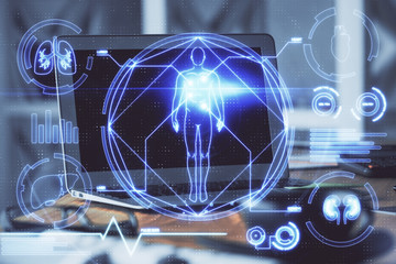 Naklejka premium Desktop computer background and education theme drawing. Double exposure. Study concept.