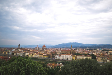 Fototapeta na wymiar Beautiful bird's-eye view of Florence and the Arno river. Cloudy sky. Travel background.