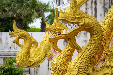 Dragons statues at Haw Phra Kaew, also written as Ho Prakeo, Hor Pha Keo, Vientiane, Laos.