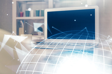 Multi exposure of table with computer and world map hologram. International data network concept.