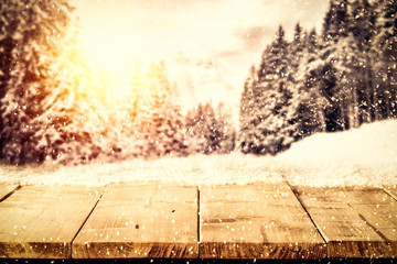 Desk of free space for your decoration cover of snowflakes and winter landscape of mountains. 