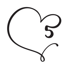 Vector Vintage floral monogram number five 5. Calligraphy element logo Valentine flourish frame. Hand drawn heart sign for page decoration and design illustration. Love wedding card or invitation