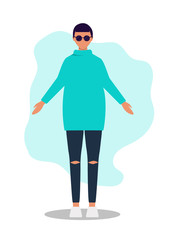 Blind man in modern clothing. Young guy, young girl in uniform. Gender-neutral