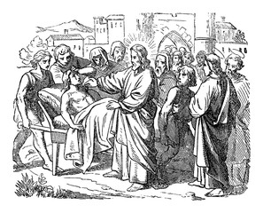 Vintage drawing or engraving of biblical story of Jesus raises a dead son of widow. Bible, New Testament,Luke 7. Biblische Geschichte , Germany 1859.