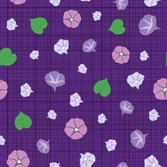 Seamless floral pattern with morning glory on thin purple stripes background