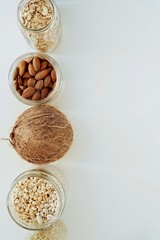 Various raw cereals, grains in glass jars. The concept of zero waste, food storage in the kitchen, healthy nutrition. Top view, copy space for text.