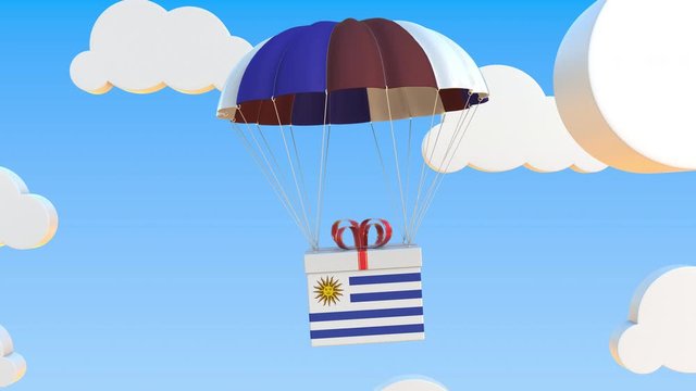 Carton with flag of Uruguay falls with a parachute. Loopable conceptual 3D animation