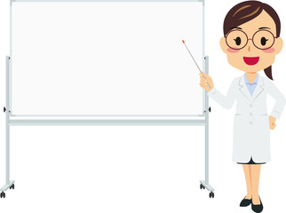 白衣 めがね 女性 指し棒 右手 ホワイトボード