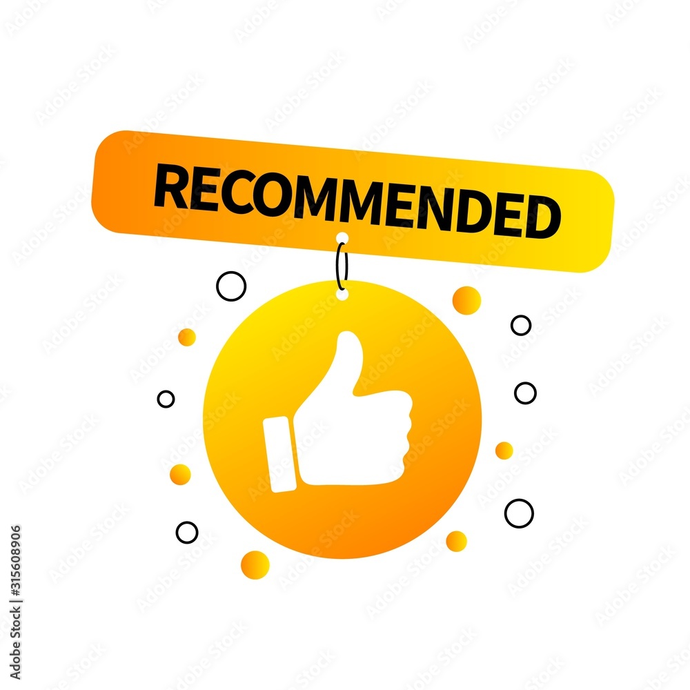 Poster yellow banner recommended with thumb up. vector badge design.