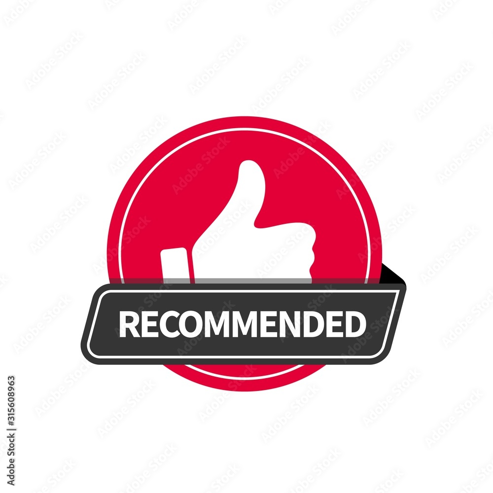 Poster red flat badge recommended with thumb up icon. vector sticker design.