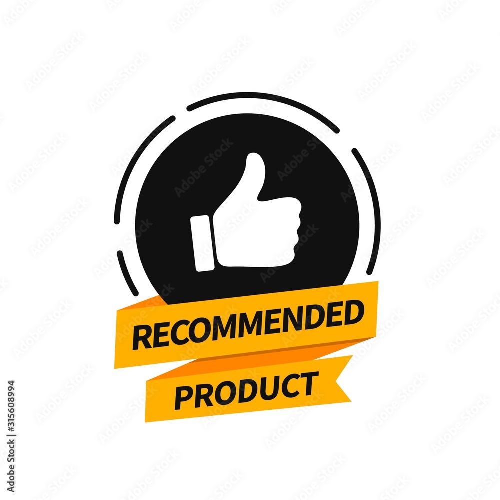 Poster flat banner recommended product with thumb up. vector badge design.