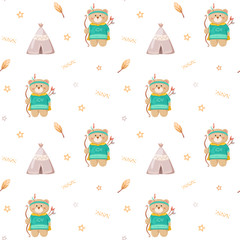 Fototapeta na wymiar Cute cartoon bear dressed as an american Indian. Colorful illustration with wigwam, feather, bow and arrows. Children seamless pattern on white background. Vector isolated set for kids.