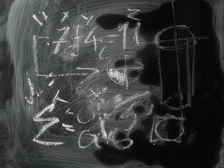 Black chalkboard, blackboard with chalk math, physics formulas and equations background and texture