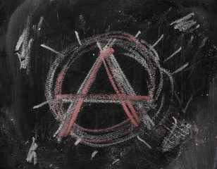 Black chalkboard, blackboard with chalk anarchy symbol background and texture