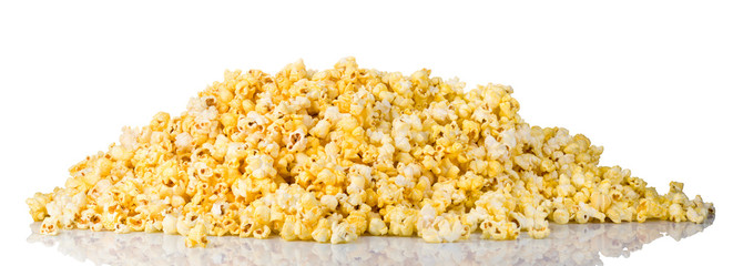 Scattered popcorn isolated on a white background