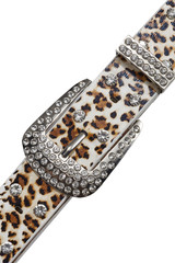 Cropped shot of a white belt with leopard print and decorated with solid buckle and a great number of rhinestones. The stylish belt is isolated on the white background.