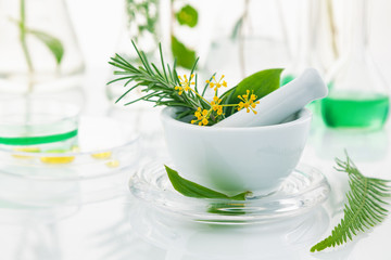 White mortar and pestle with herbs.
