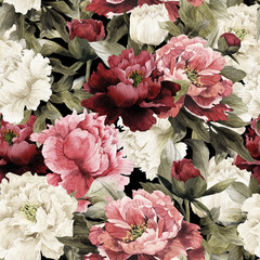 Seamless floral pattern with peonies, watercolor. - 315610524